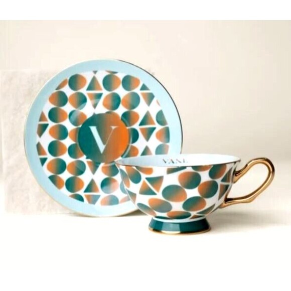 Vine Monogram Retro Modern Tea Set Designer Teacup Saucer Bone China NIB - Picture 2 of 13